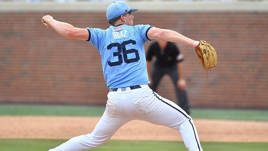 North Carolina Pitcher Folger Boaz (36) winds up for the pitch against Arizona in the Super Regionals held in Chapel Hill on June 7, 2025. The North Carolina Tarheels and the Arizona Wildcats met in game two of the NCAA Division 1 Super Regionals in Chapel Hill, N.C. on June 7, 2025.
