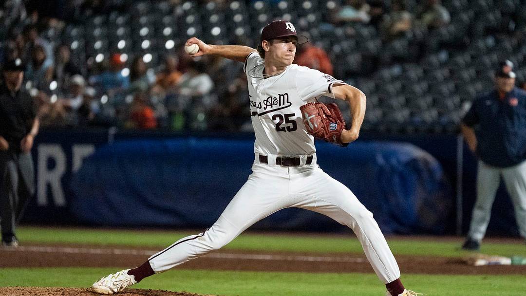 Texas A&M Aggies' Clayton Freshcorn (25) pitches as Auburn Tigers take on Texas A&M Aggies during the SEC baseball tournament at Hoover Metropolitan Stadium in Hoover, Ala.