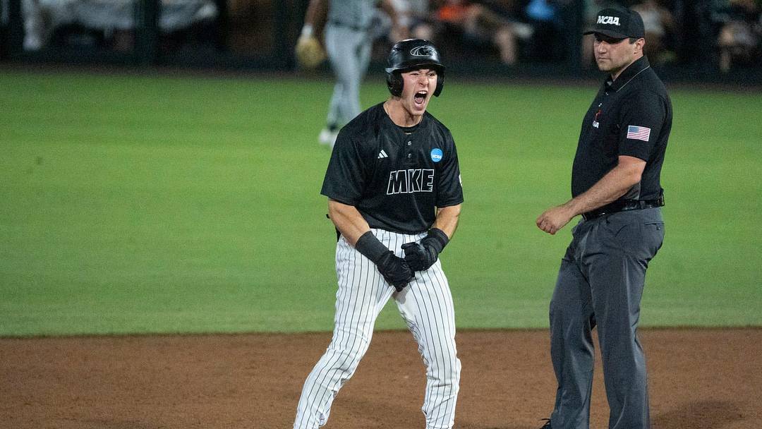 Milwaukee Panthers' Dylan O'Connell (2) celebrates his double as Milwaukee Panthers take on UCF Knights during the NCAA Regional Baseball tournament at Plainsman Park in Auburn, Ala. on Saturday, May 30, 2026. Milwaukee Panthers' Dylan O'Connell (2) celebrates his double as Milwaukee Panthers take on UCF Knights during the NCAA Regional Baseball tournament at Plainsman Park in Auburn, Ala. on Saturday, May 30, 2026.