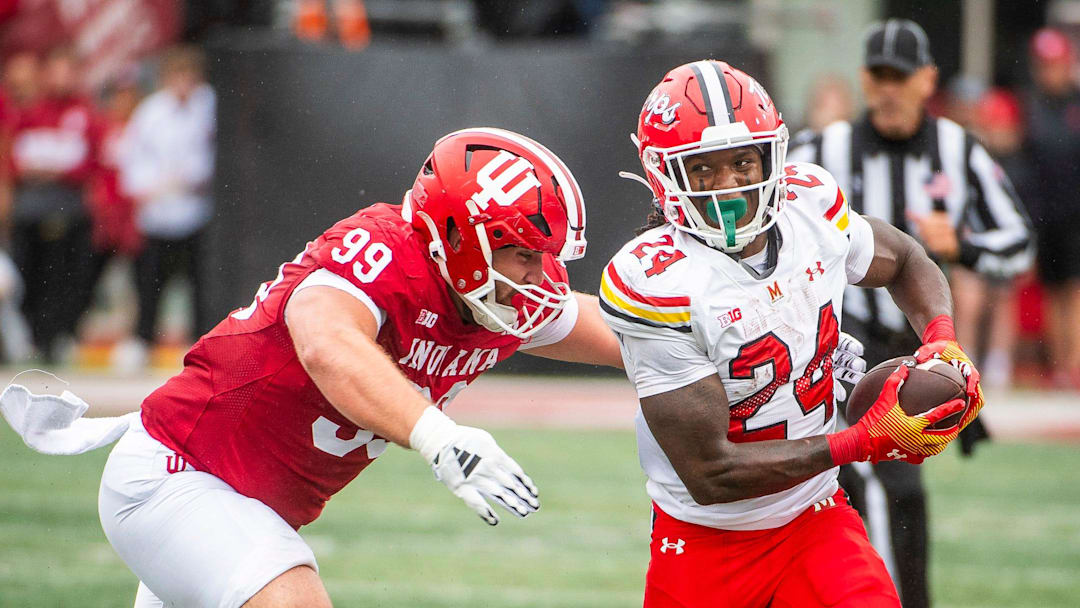 Maryland's Roman Hemby (24) runs during the Indiana versus Maryland football game at Memorial Stadium on Saturday, Sept. 28, 2024.