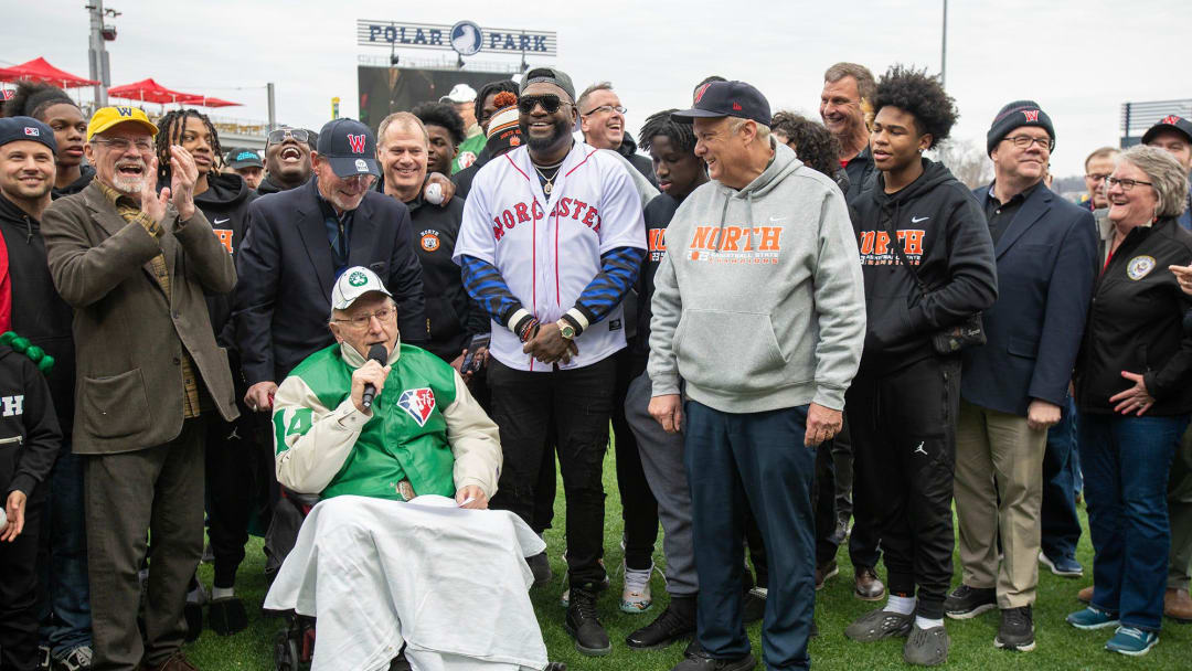 WORCESTER - Celtics and Holy Cross legend Bob Cousy speaks before the start of the WooSox season opener at Polar Park Friday, March 31, 2023.

Spt Woosox 0331 11