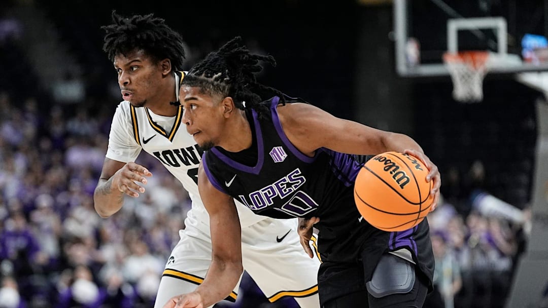 Grand Canyon guard Jaden Henley (10) drives to the basket during an Acrisure Series championship basketball game against Iowa at Acrisure Arena in Palm Desert, Calif., on Nov. 26, 2025.