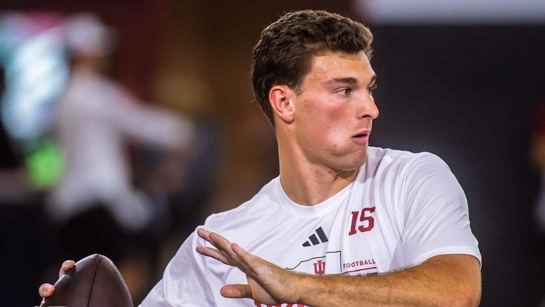 Fernando Mendoza participates in Indiana University's Pro Day at Mellencamp Pavilion on Wednesday, April 1, 2026.