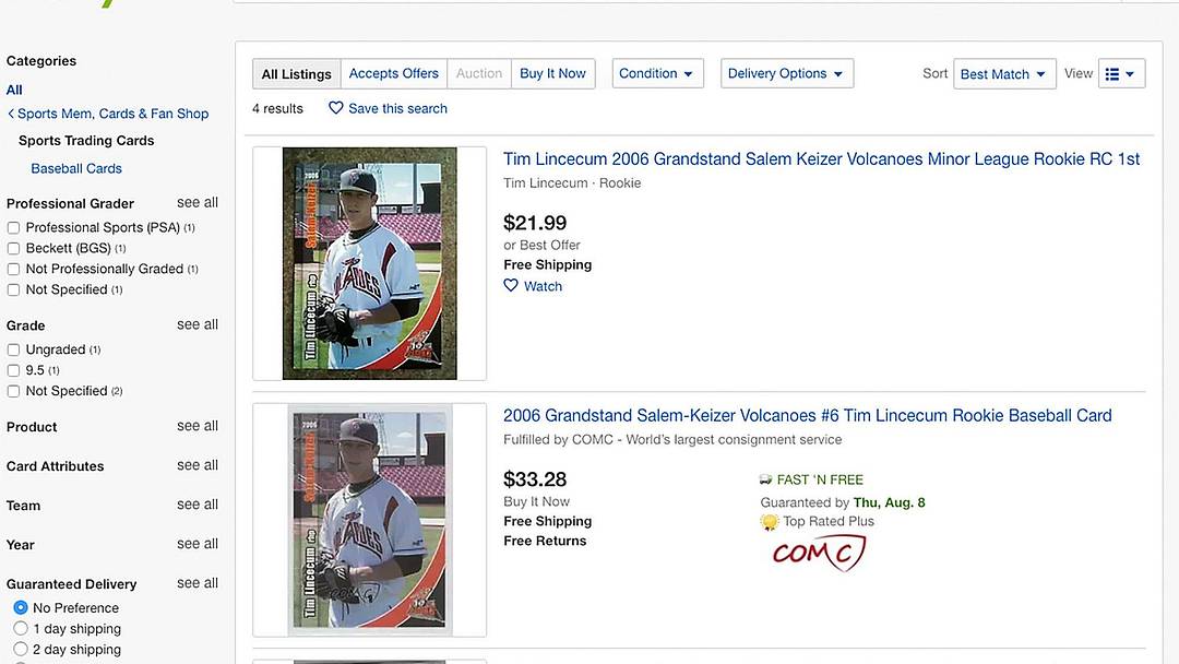 A screen capture of listings for a 2006 rookie card for Tim Lincecum on EBAY.

Timlincecum
