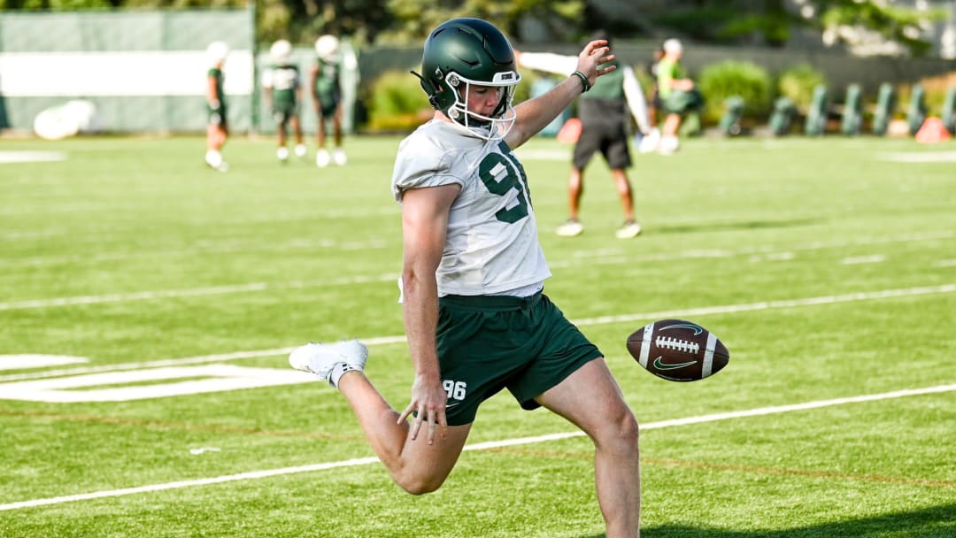 Michigan State's Ryan Eckley kicks during the opening day of MSU's football fall camp on Thursday, Aug. 3, 2023, in East Lansing.