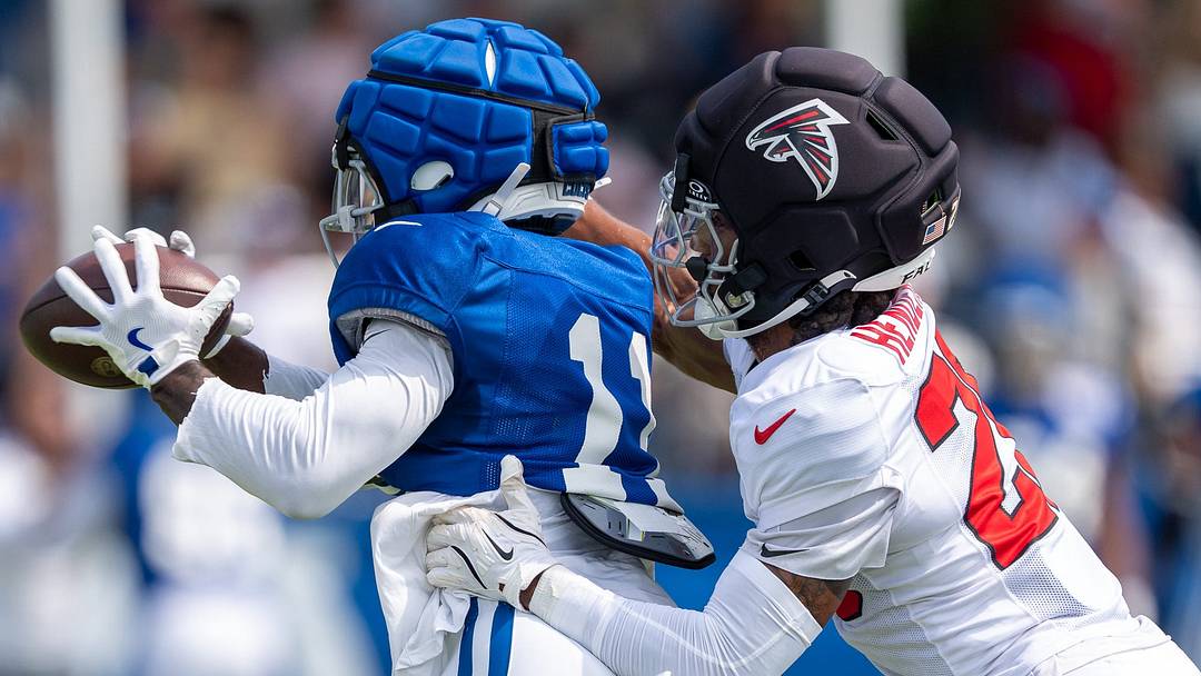 Atlanta Falcons safety DeMarcco Hellams in coverage during joint practice with the Indianapolis Colts. Atlanta Falcons safety DeMarcco Hellams in coverage during joint practice with the Indianapolis Colts.