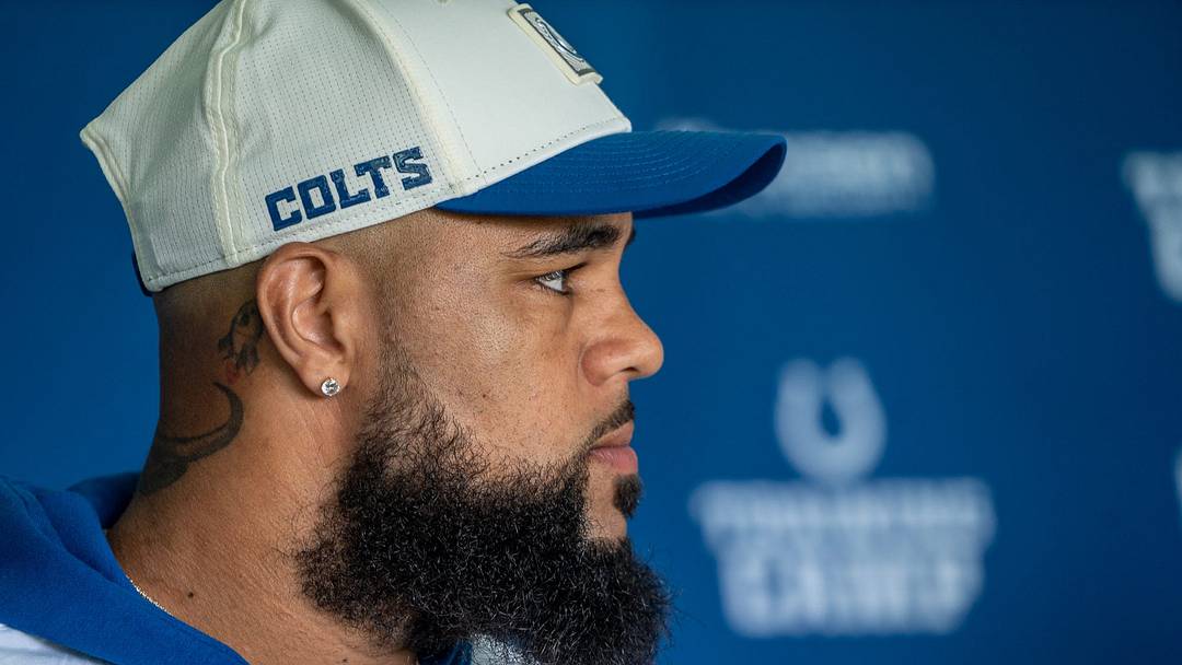 Indianapolis Colts wide receiver Keenan Allen speaks with media Wednesday, Aug. 19, 2026, ahead of the Colts’ joint practice with the Atlanta Falcons at Grand Park in Westfield.