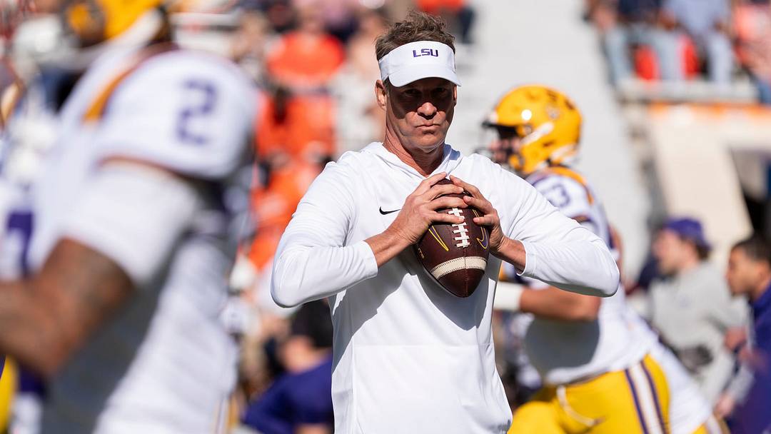LSU Tigers head coach Lane Kiffin during warm ups before Auburn Tigers take on LSU Tigers at Jordan-Hare Stadium in Auburn, Ala. on Saturday, Oct. 24, 2026.