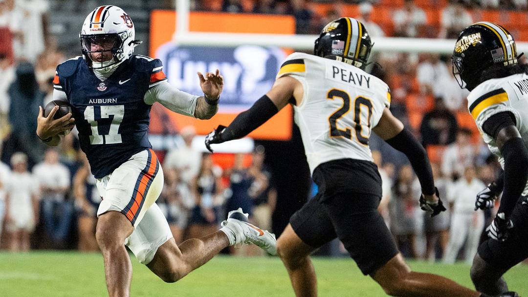 Auburn Tigers quarterback Byrum Brown (17) runs the ball as Auburn Tigers take on Southern Miss Golden Eagles at Jordan-Hare Stadium in Auburn, Ala. on Saturday, Sept. 12, 2026. Auburn Tigers defeated Southern Miss Golden Eagles 43-8.