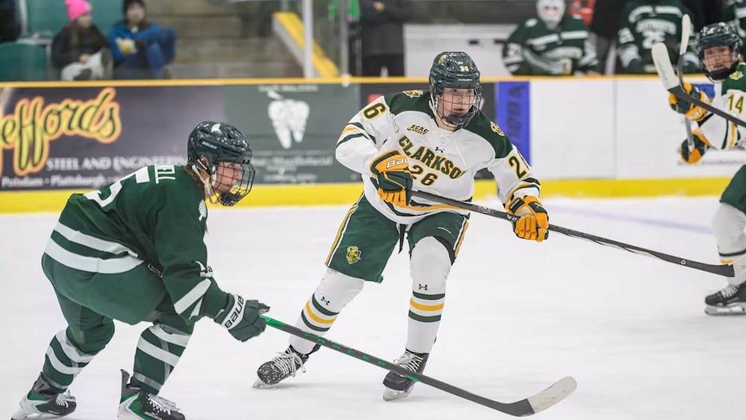 Sara Manness in game at Dartmouth on January 23, 2025. Manness scored both Clarkson goals in the overtime win.