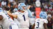Sep 13, 2025; Blacksburg, Virginia, USA;  Old Dominion Monarchs quarterback Colton Joseph (1) throws a pass during the first quarter at Lane Stadium. Mandatory Credit: Brian Bishop-Imagn Images