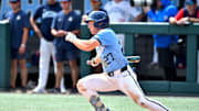 North Carolina's Kane Kepley prepares to run to first base after getting a hit against Arizona late in the game. The North Carolina Tarheels and the Arizona Wildcats met in game two of the NCAA Division 1 Super Regionals in Chapel Hill, N.C. on June 7, 2025.