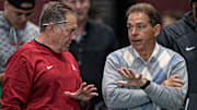 New England Patriots head coach Bill Belichick chats with Alabama head coach Nick Saban during Pro Day on the University of Alabama campus in Tuscaloosa, Ala., on Tuesday March 19, 2019.

Pro04