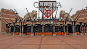 Streets and parking lots surrounding Comerica Park in downtown Detroit were nearly empty on Friday, March 27, 2020 during a state order for residents to stay at home amid the coronavirus pandemic.

Opening Day Comp 1 tiger statue, comerica park logo