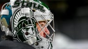 Michigan State goalie Trey Augustine looks on during practice on hockey media day on Wednesday,