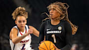 Vanderbilt guard Mikayla Blakes (1) looks to shoot as Arizona guard Jada Williams (2) defends at Acrisure Arena in Palm Desert, Calif., on Tuesday, November 26, 2024.