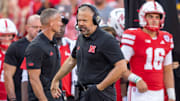 Nebraska coach Matt Rhule patrols the sideline against Michigan.