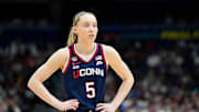 UConn Huskies guard Paige Bueckers plays in the first half of the national championship game against South Carolina.