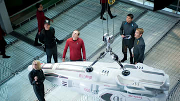 Photo credit: Jaimie Trueblood (Left to right) Alice Eve is Carol, Simon Pegg is Scotty, Karl Urban is McCoy and Chris Pine is Kirk in STAR TREK INTO DARKNESS from Paramount Pictures and Skydance Productions. © 2013 Paramount Pictures. All Rights Reserved.