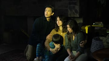 (L to R) John Cho, Katherine Waterston, Lukita Maxwell, and Isaac Bae in Columbia Pictures and Blumhouse AFRAID