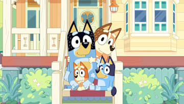 The most lovable and relatable Blue Heeler family: Bandit, Chilli, Bingo, and Bluey. ©2024 Disney Studios