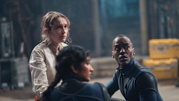 Doctor Who. Image shows Aliss Fenister (Rose Ayling-Ellis) Belinda Chandra (Varada Sethu) The Doctor (Ncuti Gatwa) Credit: James Pardon/BBC Studios/Disney/Bad Wolf