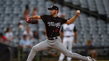 Birmingham Barons’ Tyler Schweitzer (15) pitches against the Malmö Oat Milkers at Trustmark Park in Pearl, Miss., on Tuesday, July 9, 2024. The Mississippi Braves played as the Oat Milkers as part of the MiLB’s partnership with oat milk company Oatly.