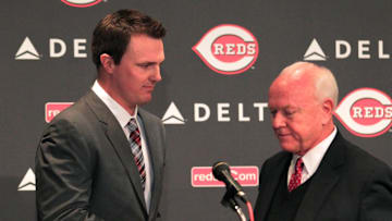 Cincinnati Reds outfielder Jay Bruce shakes hands with Reds General Manager Walt Jocketty on Dec. 14, 2010.