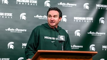 Michigan State coach Jonathan Smith talks the media on the first national signing day for college football recruits Wednesday, Dec. 20, 2023, at Spartan Stadium in East Lansing.