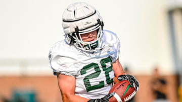 Michigan State's Tate Hallock catches a pass during the opening day of fall camp on Thursday, Aug. 5, 2021, on the MSU campus in East Lansing.

210805 Msu Fball Camp 060a