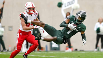 Michigan State's Jaden Mangham intercepts a Nebraska pass during the first quarter on Saturday, Nov. 4, 2023, at Spartan Stadium in East Lansing.