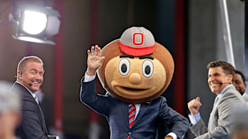 Former Indiana coach Lee Corso picks the Ohio State Buckeyes for the win over his former Hoosiers on ESPN's College Game Day before Thursday's NCAA Division I football game at Memorial Stadium in Bloomington, Ind., on August 31, 2017.