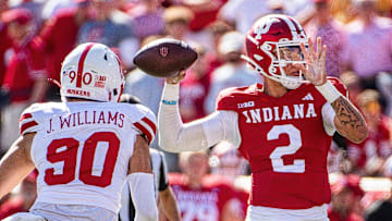 Indiana's Tayven Jackson (2) passes during the Indiana versus Nebraska football game at Memorial Stadium on Saturday, Oct. 19, 2024.