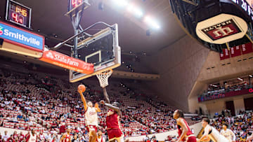 Indiana's Anthony Leal (3) looks to score in the scrimmage during Hoosier Hysteria at Simon Skjodt Assembly Hall on Friday, Oct. 18, 2024.