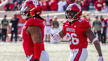 Indiana's Joshua Rudolph (26) celebrates during the second half of the Indiana versus Wisconsin football game at Memorial Stadium on Saturday, Nov. 4, 2023.