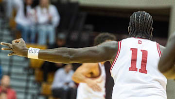 Indiana's Oumar Ballo (11) celebtates Luke Goode's three-pointer during the Indiana versus Sam Houston men's basketball game at Simon Skjodt Assembly Hall on Tuesday, Dec. 3, 2024.