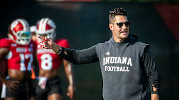 Indiana University Quarterbacks Coach Tino Sunseri instucts players during fall practice at the Mellencamp Pavilion at Indiana University on Tuesday, Aug. 6, 2024.