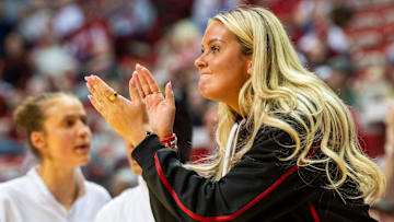 Indiana's Sydney Parrish (33) cheers a basket during the Indiana versus Southern Indiana women's basketball game at Simon Skjodt Assembly Hall on Tuesday, Dec. 3, 2024.