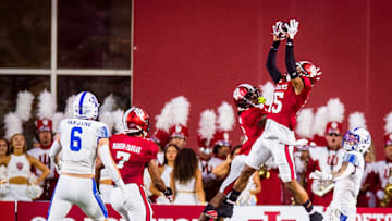 Indiana's Nic Toomer (15) makes the interception during the first half of the Indiana versus Indiana State football game at Memorial Stadium on Friday, Sept. 8, 2023.