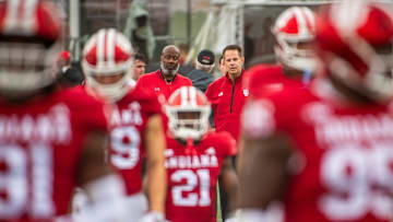 Indiana Head Coach Curt Cignetti and Maryland Head Coach Michael Locksley talk before the Indiana versus Maryland football game at Memorial Stadium on Saturday, Sept. 28, 2024.
