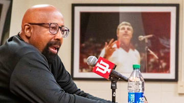 Indiana Head Coach Mike Woodson, who played for Bob Knight, speaks about his influence on him and others during a press conference at Simon Skjodt Assembly Hall on Nov. 2.
 Photos by Rich Janzaruk/Herald-Times
Indiana Head Coach Mike Woodson, who played for Bob Knight, speaks about his influence on him and others during a press conference at Simon Skjodt Assembly Hall on Thursday, Nov. 2, 2023.