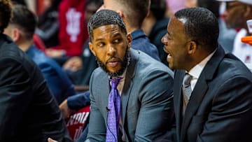 Indiana assistant coaches Yasir Rosemond, left, and Kenya Hunter, right, talk during the second half of the Indiana versus Marian men's basketball game at Simon Skjodt Assembly Hall on Saturday, Oct. 29, 2022.

Iu Marian Bb 2h Rosemond Hunter