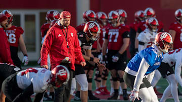 Indiana defensive coordinator Bryant Haines watches footwork during Indiana football spring practice at Memorial Stadium on Thursday, March 21, 2024.