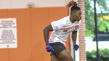 Cederian Morgan, Class of 2026 wide receiver of Benjamin Russell High school in Alexander City, Alabama runs a route during the 2024 Dabo Swinney Football Camp in Clemson in Clemson June 5, 2024.
