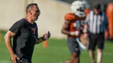 Texas Longhorns head football coach, Steve Sarkisian during the first day with pads in fall football camp practice for the Texas Longhorns at Denius Fields on Monday, August 5, 2024.