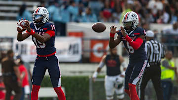 Jackson State Tigers' quarterbacks Jacobian Morgan (15) and Cam'Ron McCoy (6) warm up before the game in Jackson, Miss., on Sept. 7, 2024.