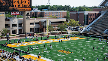 The Southern Miss Golden Eagles' warm up on the field for the spring game at the M.M. Roberts Stadium in Hattiesburg, Miss., on Saturday, Apr. 6, 2024.