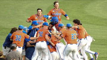 Jun 9, 2024; Clemson, SC, USA; The Florida Gators celebrate after sophomore Michael Robertson hit a walk-off double to help the Gators win in the bottom of the 13th inning against Clemson in the NCAA baseball Clemson Super Regional at Doug Kingsmore Stadium. Mandatory Credit: Ken Ruinard - USA TODAY Sports