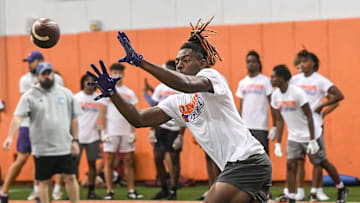 Cederian Morgan, Class of 2026 wide receiver of Benjamin Russell High school in Alexander City, Alabama, catches a ball during the 2024 Dabo Swinney Football Camp in Clemson in Clemson June 5, 2024. Morgan, 38th overall ranked in the ESPN300 2026 recruiting ranking list, announced on social media X (formerly known as Twitter) Clemson offered him June 5, 2024.