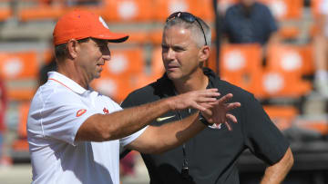 Sep 23, 2023; Clemson, South Carolina, USA; Clemson Tigers head coach Dabo Swinney and Florida State Seminoles head coach Mike Norvell before a game at Memorial Stadium. Mandatory Credit: Ken Ruinard-USA TODAY Sports